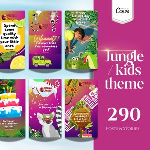 150 storie di Instagram per bambini della giungla e 140 modelli di post Canva / Post a tema giungla di Canva Pro, divertenti grafiche per i social media per asili nido e servizi per l'infanzia