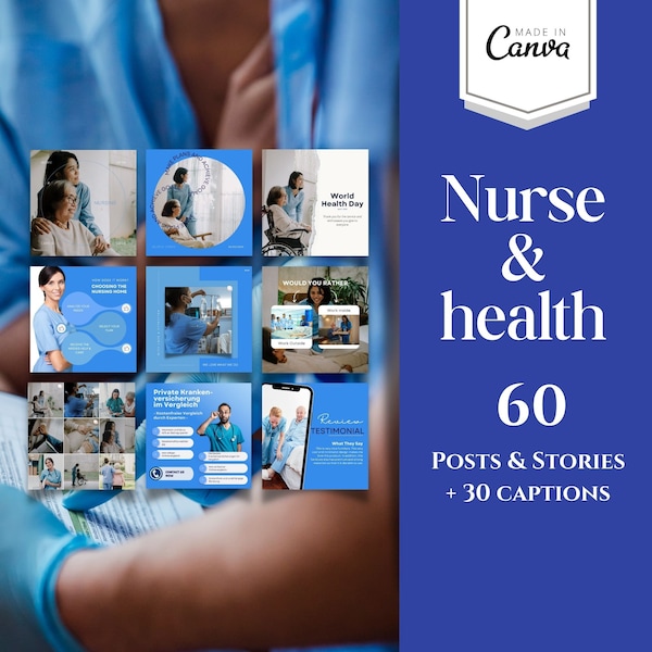 Blue nursing posts and stories for Instagram with social media captions, Health care canva template, Nursing & Medical social media bundle