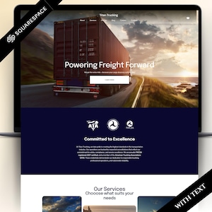 Peut inclure: Capture d'écran d'un site web pour Titan Trucking sur un ordinateur portable. L'image principale montre un camion sur une route avec le texte "Powering Freight Forward". Le site présente également des services et des logos.