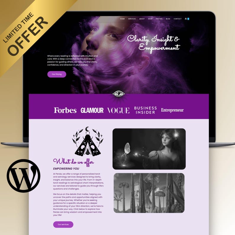 This spiritual WordPress template is a beautifully designed feminine WordPress theme perfect for tarot readers, astrologers, and energy healers. With an elegant ecommerce website template, this mystical astrology design is ideal for selling spiritual products, booking sessions, or starting a tarot blog.