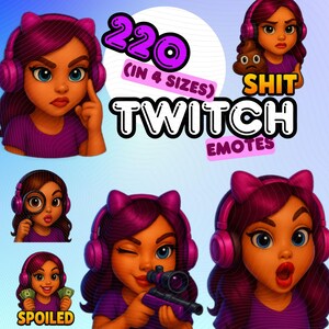 Streamer Twitch d'émotes pour filles personnalisées en streaming Twitch, émoticônes Kick Discord, IA d'émotes Twitch fille brune, pack d'émotes anime rose violet