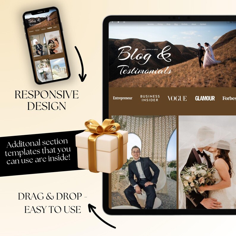 Modern ecommerce Squarespace 71 website template crafted for photographer portfolios and wedding service providers. A beautiful solution for social media managers, wedding planners, and photography studios.