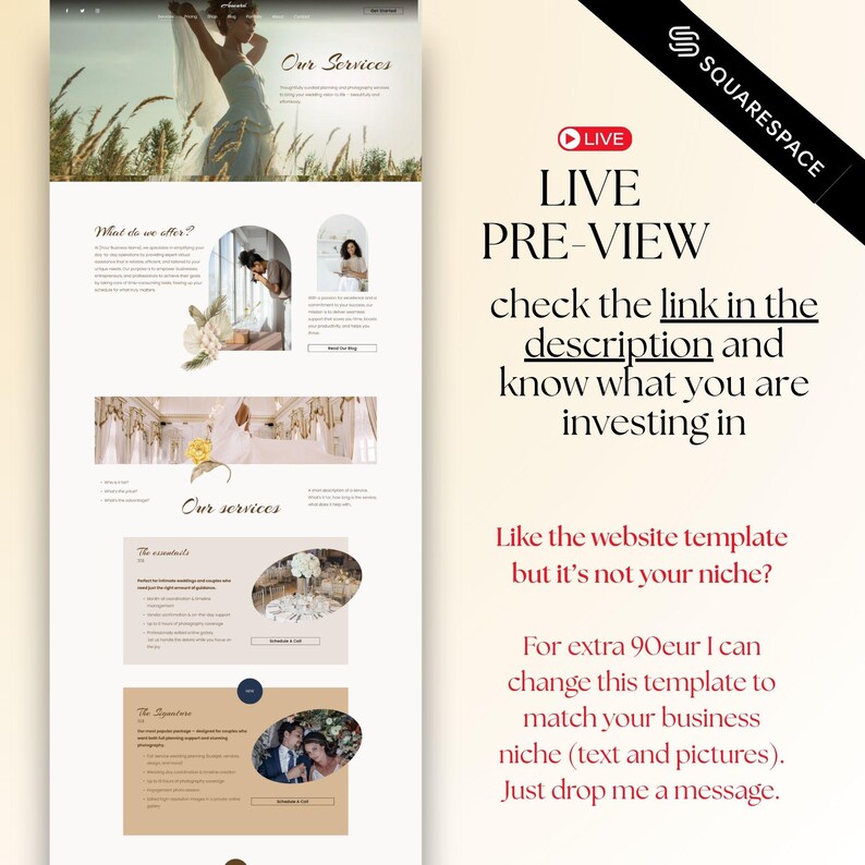 Squarespace wedding website template tailored for feminine creatives and wedding photography professionals. Ideal for showcasing your photographer studio or boutique planning services with a sleek Squarespace 71 design.