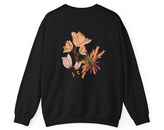 Schwarzes Sweatshirt Blumen Print, Floral Pullover, Geschenk für Blumen-Liebhaber, Botanischer übergroßer Pullover, Gemütliches Winter Top