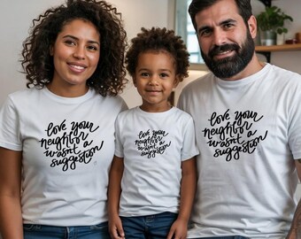 隣人を愛せグラフィックTシャツ – クリスチャンアパレル、ジャスティスシャツ