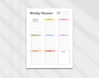 Minimalist Weekly Planner: 7 Colors, A4 & US Letter (PDF Printable + Digital)