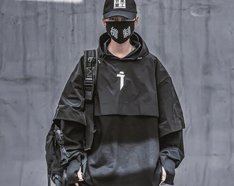 Techwear Sweat à capuche, Harajuku Streetwear pull châle surdimensionné hiphop printanier, Harajuku sweat à capuche Techwear unisexe, Vêtements pour hommes, Streetwear japonais