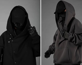 Cyberpunk Techwear Hoodie,Unisex Oblique Placket Hooded Sweater,Black Casual Functional Pullover Hoodie,Techwear Sweatshirt,Black Techwear