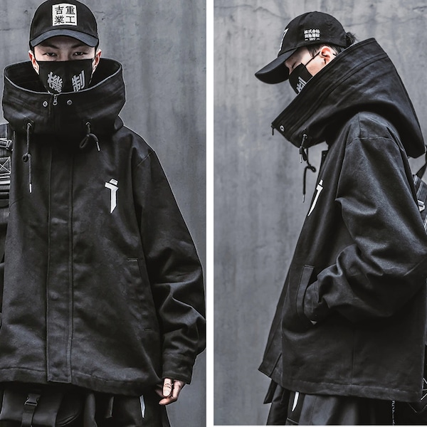 Spring Black Hooded Man Jacket,Hoody Techwear,Black Windbreaker Jacket,Hoodie Jacket For Men and Women Streetwear Windbreaker,Harajuku Coat