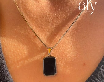 Black Onyx Pendant Necklace, Black Stone Silver Necklace, Stainless Steel, Perfect Gift for Men, Black Stone Silver Pendant Neclace