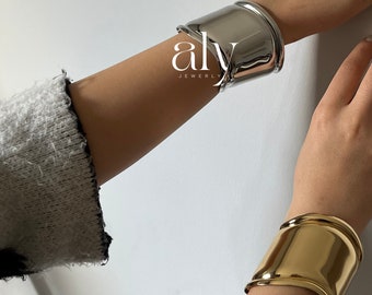 18K Gold & Silver Plated Silver Bone Cuff Armband, Vintage breites Bone Cuff Armband, griechisches Cuff Armband, griechischer Armreif