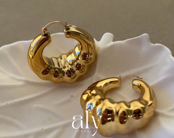 Gold Plated  Chunky Hoop Earrings, Gold Oyster Earrings, Mussel Earrings, Big Statement Bamboo