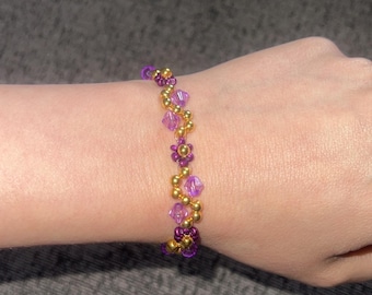 Purple Floral Sparkly Beaded Bracelet Handmade Jewellery - Purple Haze