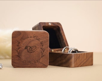 Caja de anillo de madera con nombre personalizado, caja de anillo de boda, regalo de aniversario de doble ranura, caja de anillo de madera personalizada para compromiso, regalo para ella