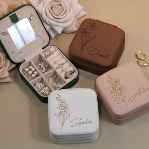 Engraved Birth Flower Travel Jewelry Box, Bridal Shower Birthday Bridesmaid Gifts for Niece  Mom Girlfriend, Jewelry Organizer Case