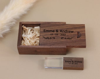 Personalisierter Holz-USB-Stick, Hochzeitstag, Fotografie-Box, Logo, Geschenk, gravierter USB-Stick, Geschenk für Hochzeit, 32 GB, 8 GB, 64 GB, 128 GB