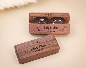 Personalized Ring Box – Double Engagement Wood Ring Bearer Box – Proposal Engraved Ring Pillow – Wedding Ring Box  - Engraved Ring Box