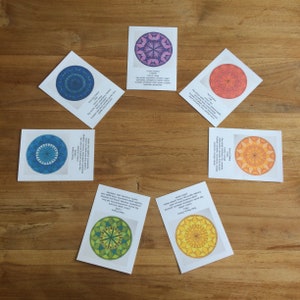 Op de afbeelding: Zeven kaarten gerangschikt in een cirkel op een houten oppervlak. Elke kaart heeft een kleurrijk mandala-ontwerp en tekst, met kleuren als blauw, paars, oranje en geel. De kaarten zijn gelabeld met termen als "Kruinchakra" en "Derde Oog Chakra".