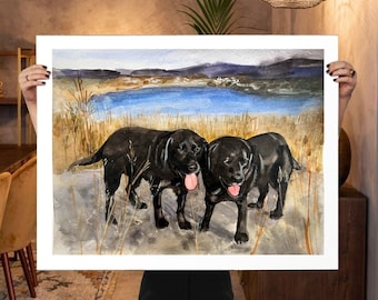 Custom Watercolor Two Dog Portrait: Pet Memorial Painting