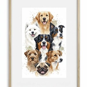 マルチドッグポートレート水彩画：手描きの7匹のペットの肖像画