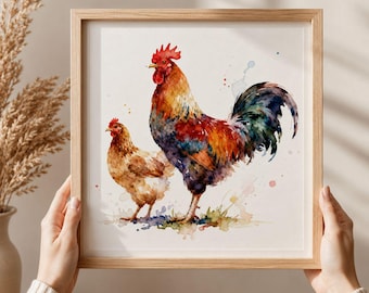 白い雌鶏と雄鶏の絵画、カップルのオリジナルの水彩画、農場の家禽の