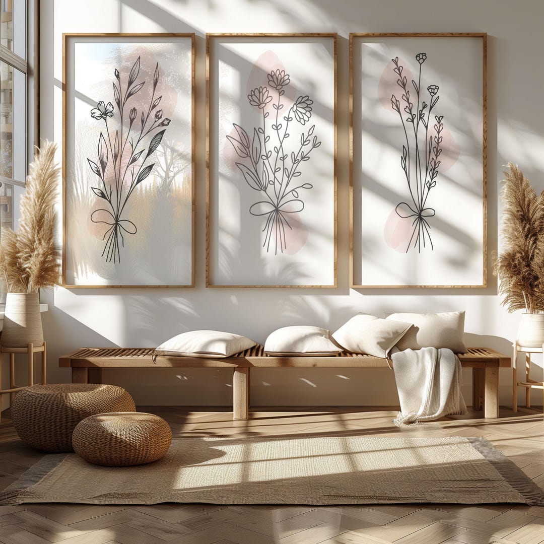 Minimalist Botanical Line Art Prints, Neutral Wall Decor Set of 3 ...