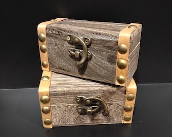Set di 2 mini scrigni del tesoro in legno - Scatole rustiche per anelli, contenitori per ricordi