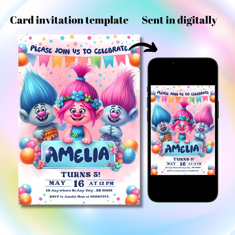 Troll Party Printable Birthday Invitation, Electronic Invitation