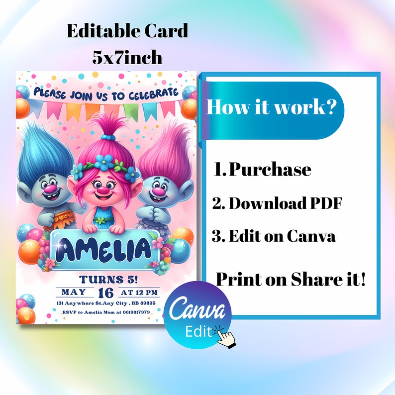 Troll Party Printable Birthday Invitation, Electronic Invitation