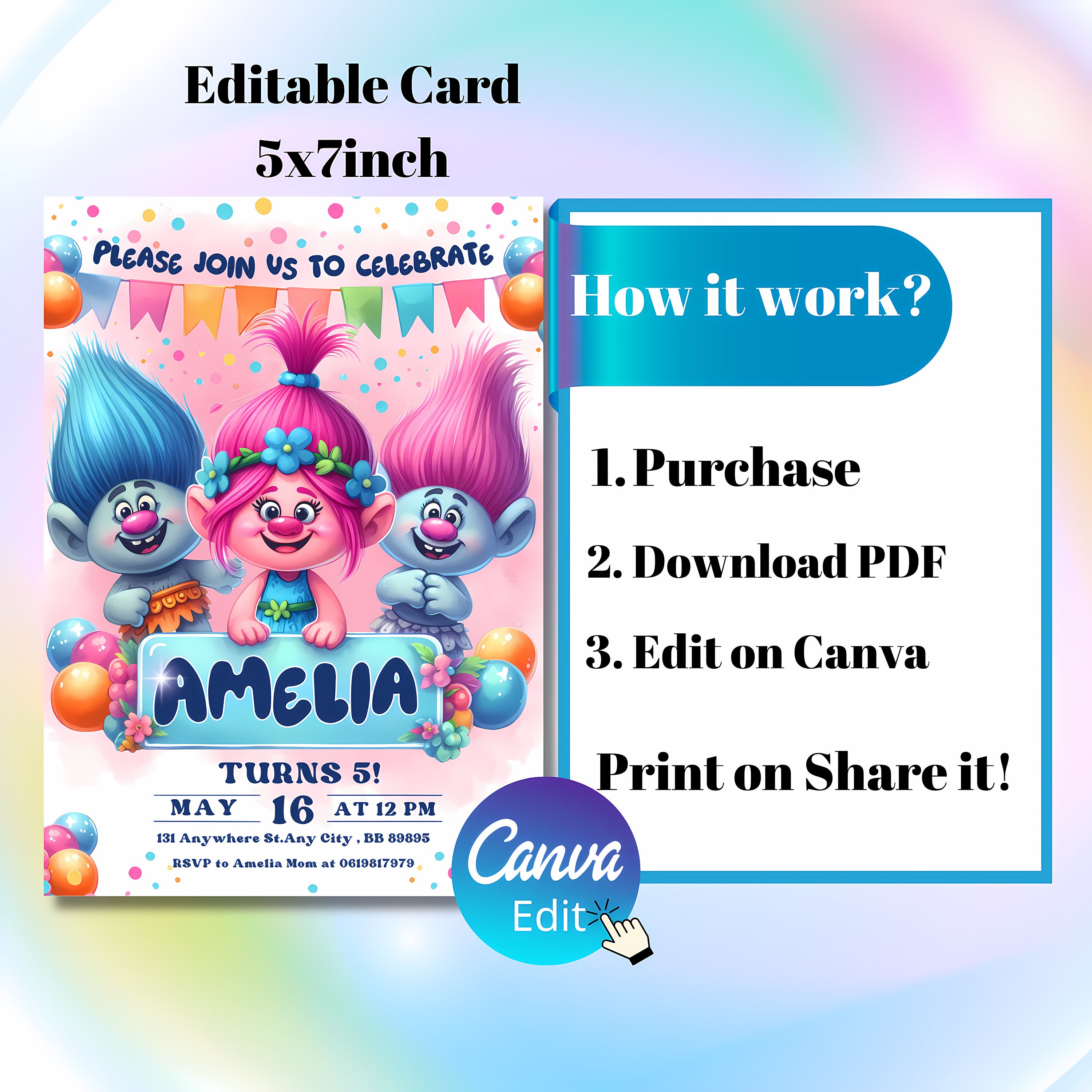 Troll Party Printable Birthday Invitation, Electronic Invitation