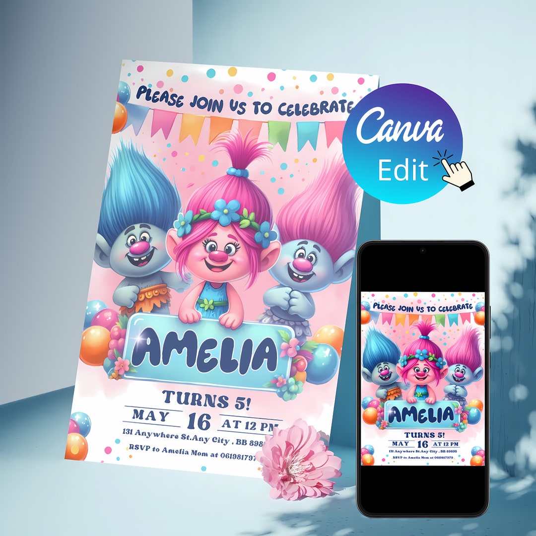 Troll Party Printable Birthday Invitation, Electronic Invitation