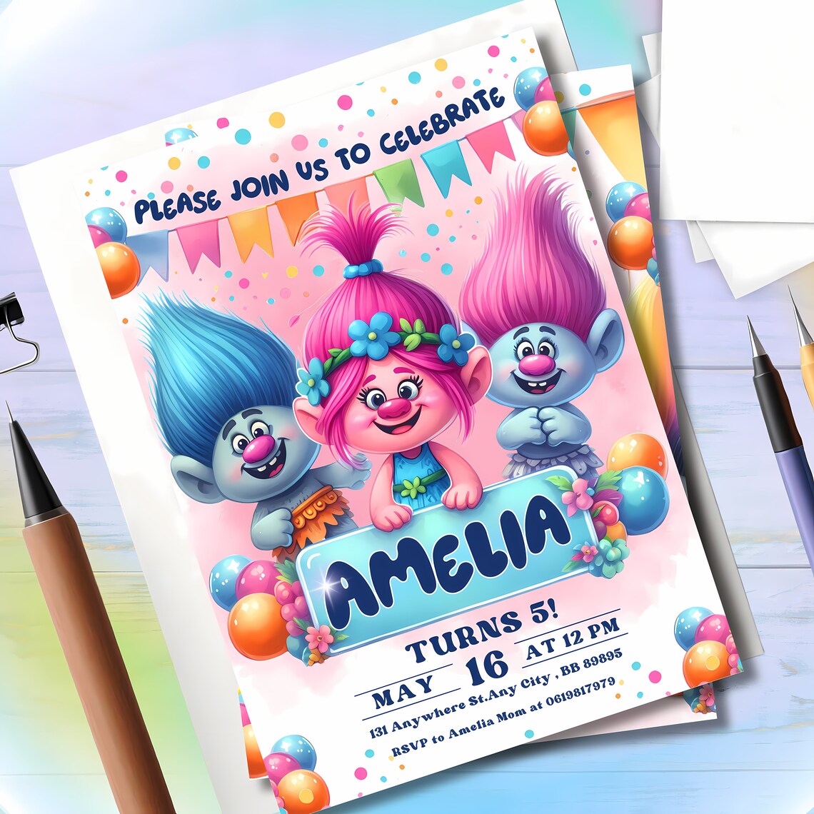 Troll Party Printable Birthday Invitation, Electronic Invitation