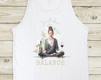 Het draait allemaal om balans, boho, meditatie, yoga, wijn, unisex jersey tanktop.