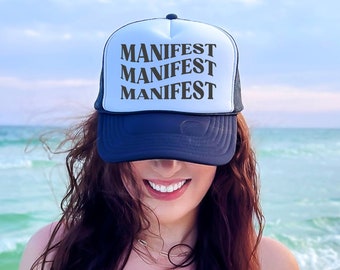 Unique Manifest Trucker Hat Mesh Cap Adjustable Adult Unisex. Gift for Wife, Spiritual Mom Gift, Manifestation babe gift.