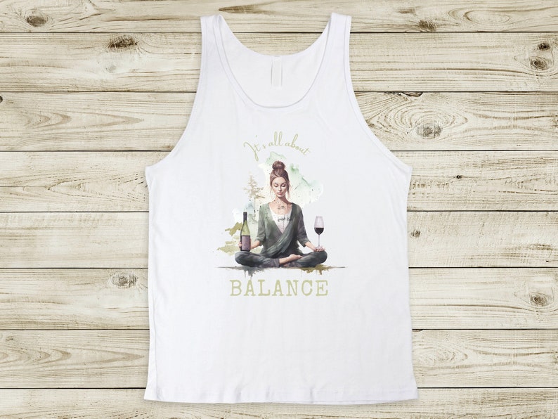 A woman sitting in a lotus position meditating, holding a glas of wine in one hand and a bottle of wine in the other. Text: It's all about balance.