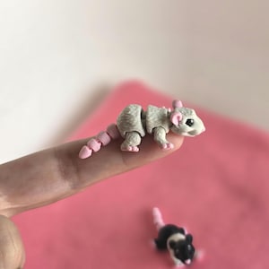 Könnte beinhalten: Eine kleine, bewegliche Rattenfigur in Grau mit rosa Ohren und Schwanz, die auf einem Finger ruht. Eine zweite, kleinere Rattenfigur in Schwarz und Weiß mit rosa Schwanz ist ebenfalls zu sehen. Der Hintergrund ist rosa.