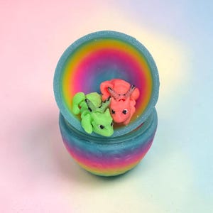 May include: A small, round, rainbow-colored container with an open lid, holding two miniature dragon figurines. One dragon is bright lime green with dark accents, and the other is a vibrant coral pink with dark horns and facial details.