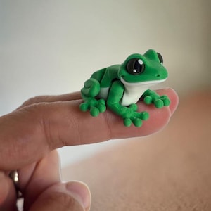 May include: A small, green frog figurine with large black eyes and white accents. The frog is perched on a finger, showcasing its detailed features and vibrant colors. The figurine's design highlights its small size and playful nature.
