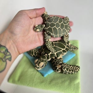 May include: Two detailed, green and cream-colored turtle figurines. One turtle rests on a small blue pillow atop a light green felt square. The other turtle is held above. The turtles have patterned shells and detailed features.