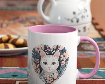 Mug coeur chat en fleurs 11 oz - Bord et poignée personnalisables