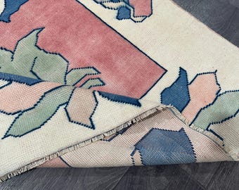 4x6 Vintage Turkish Oushak Rug: Pink, Beige, Blue, Green Wool