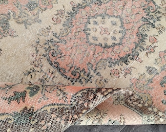 Vintage Turkish Oushak Rug: 3.6x6.4 ft, Pink, Green, and Beige Wool