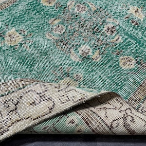 4x7 Vintage Oushak Rug: Beige, Green & Brown Turkish Wool Rug