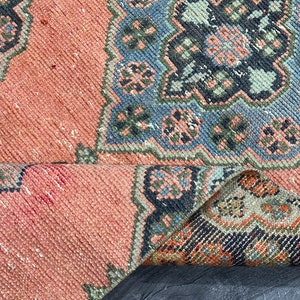 3x8 Handmade Wool Turkish Runner Rug: Coral, Blue, Green, Vintage Oushak (2.7x8.3 Ft)