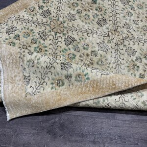 4x7 Vintage Oushak Rug: Beige, Green & Brown Turkish Wool Rug
