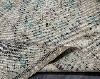 4x7 Oushak Rug: Beige, Blue & Brown Vintage Turkish Rug