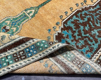 4x6 Orange Brown Blue Oushak Rug, 4x6 Turkish Rug, Vintage Kitchen Bedroom Bathroom Outdoor Dorm Livingroom Small Rug, Home Decor, 4.1x5.8Ft