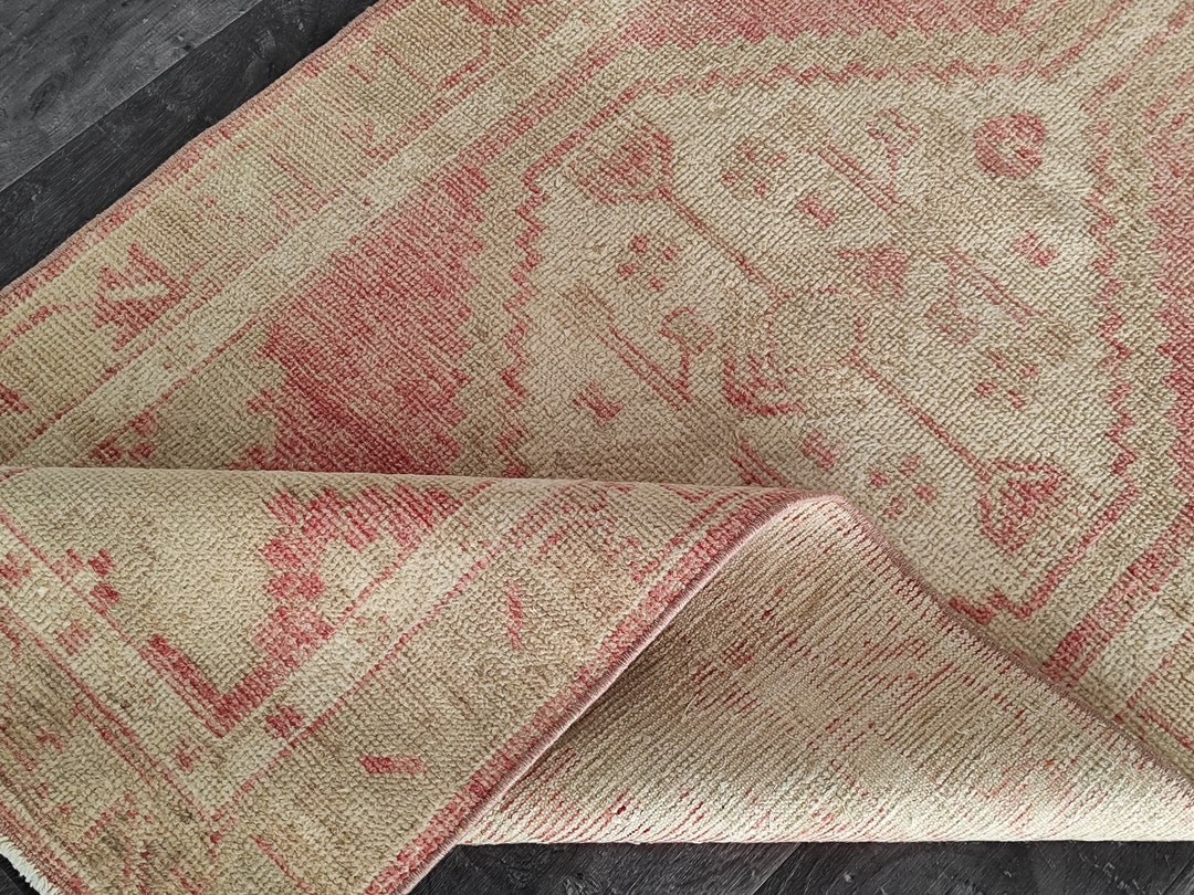 3x6 Faded Red Green Beige Vintage Rug, 3x6 Turkish Rug, Oushak Kitchen