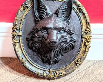Plaque murale renard gothique : oeuvre d'art 3D noire et dorée peinte à la main
