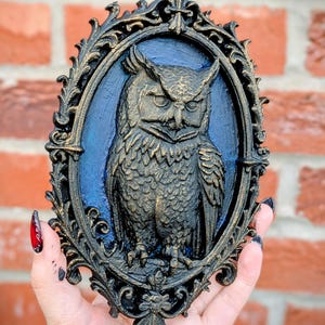 May include: Ornate, dark-colored wall decor featuring a detailed owl in an oval frame. The owl is depicted with intricate feather details and a stern expression, set against a blue background. The frame has a gold-colored trim.